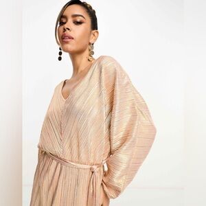 French Connection belted midi dress with balloon sleeves in rose gold shimmer XS